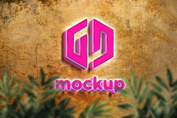 Download Neon Logo Mockup Behind the Green Leaves - Logo mock Collection